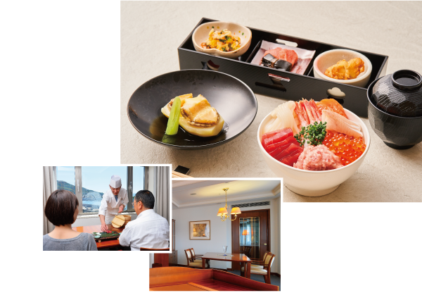 朝食はお部屋でゆったりと朝の港を眺めながら。にぎり寿司のルームサービスもご用意。